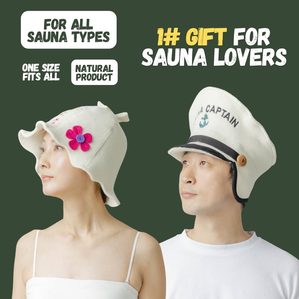 Saunahut für Damen und Herren aus Filz - Captain + Miss Sauna – Weißer Saunahut für Herren und Damen aus 100 Prozent Natürlichem Wollfilz – Saunamütze mit Stickerei – Hitze-Schutz – Inkl. Sauna E-Book