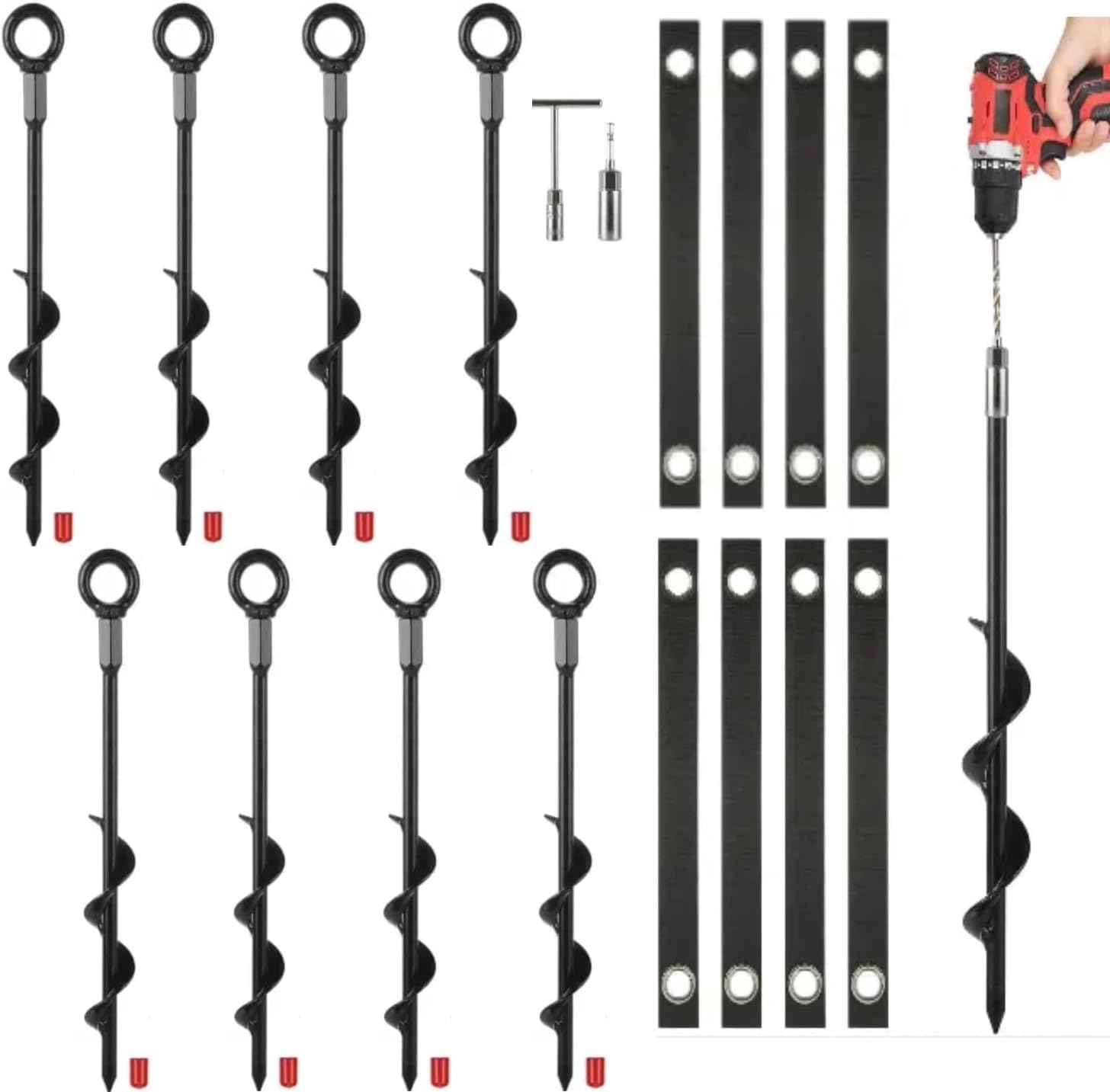 Trampolin Anchors Stakes Kit – 4/6/8/18 Zoll, geschraubte Bodenanker mit verstellbaren Befestigungsgurten für Awning RV, Schaukelspiel, Baldaulin, Zelt und Krawattenausgänge für Hunde (8 Stück)