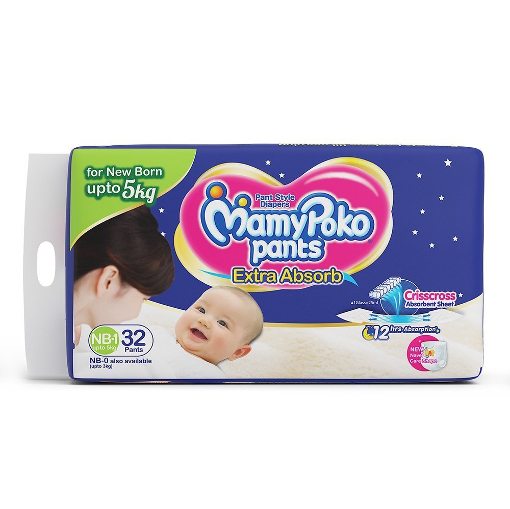 MamyPoko Baby's Extra Absorb Diaper Pants (White) Newborn Pack of 32,1  Count