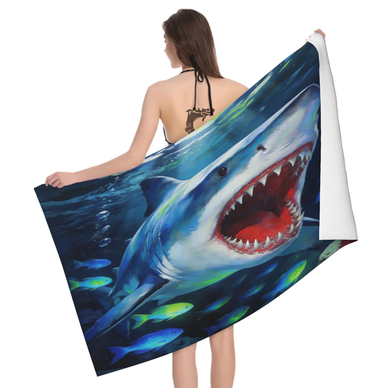 Leichong 3D Shark Illustration Beach Towel Microfiber Soft Quick Dry for Adults, Fish School Bath Towel Lightweight Soft Absorbent for Travel Swimming Pool Sports, 75 x 150 cm