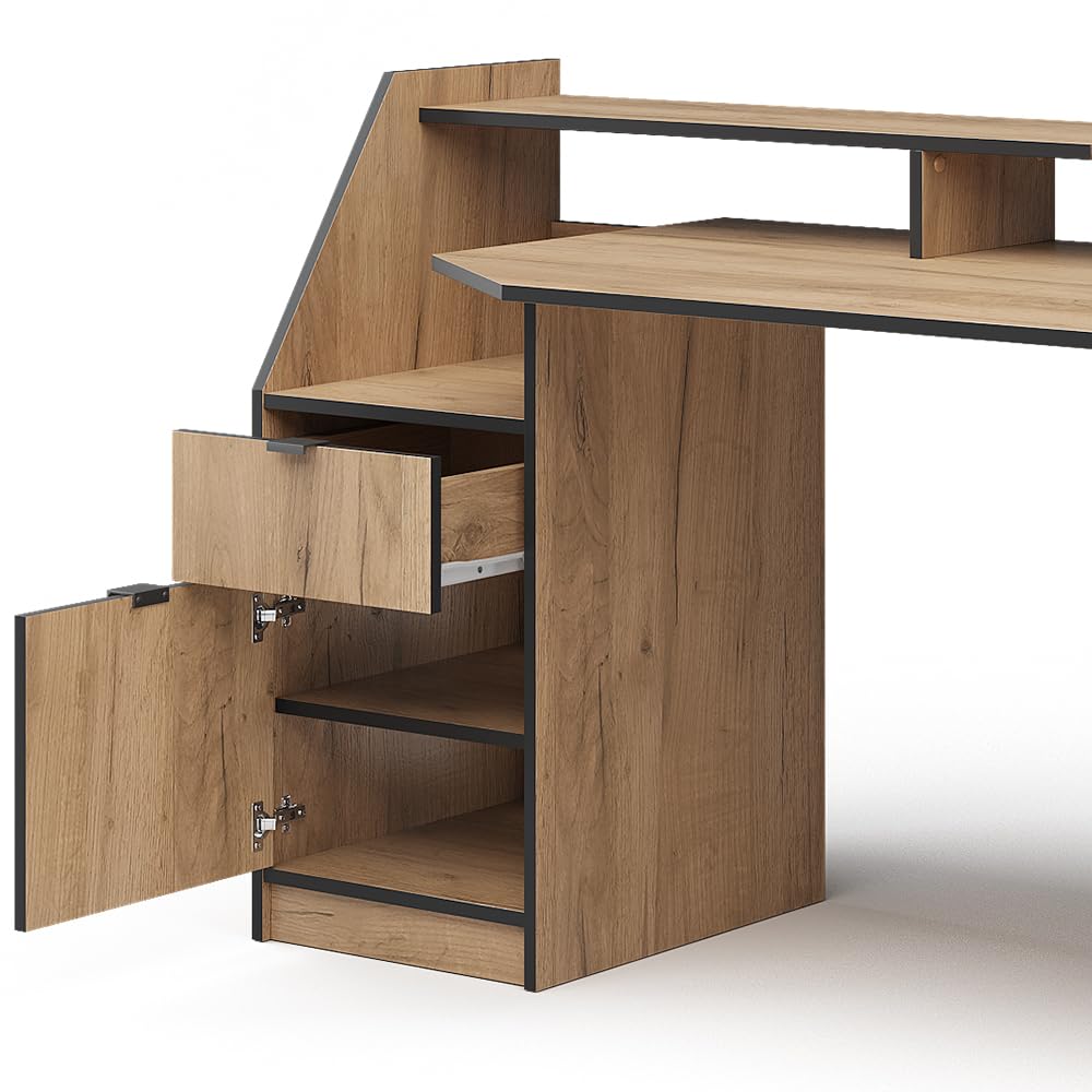 Vicco Gaming-Tisch Joel, Goldkraft Eiche, 179.8 x 65.5 cm | mit 1 Schublade und 1 Tür, mit Ablageflächen für Zubehör und erhöhtem Monitoraufsatz