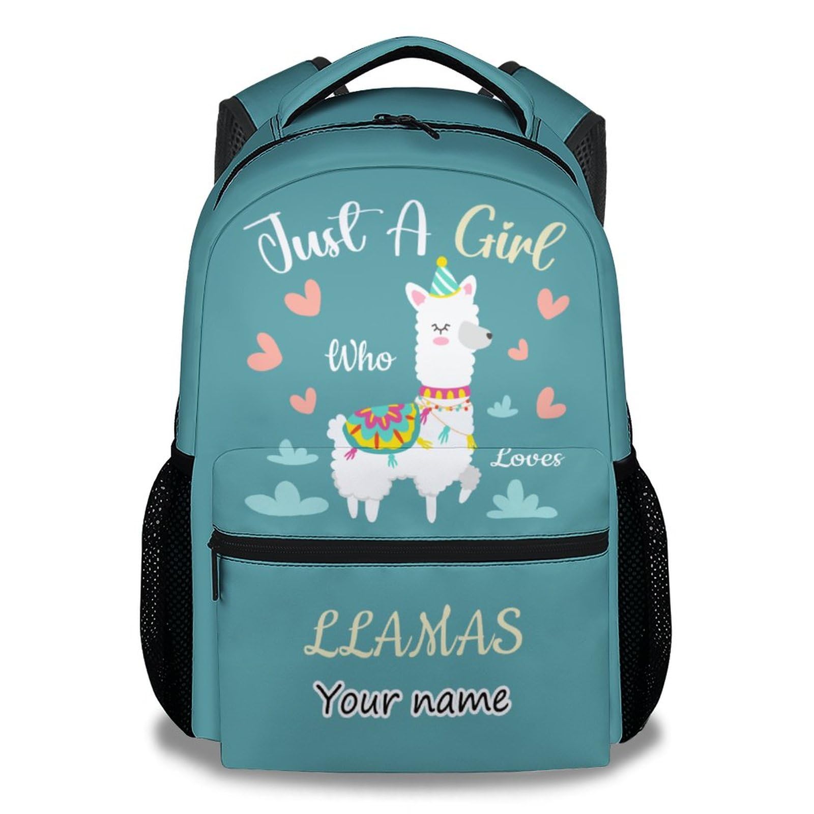 KNOWPHST Personalized Llama Backpacks for Girls Boys, 16 Inch Cute Backpack for School, Teal, Large Capacity, Durable, Lightweight Bookbag for Kids
