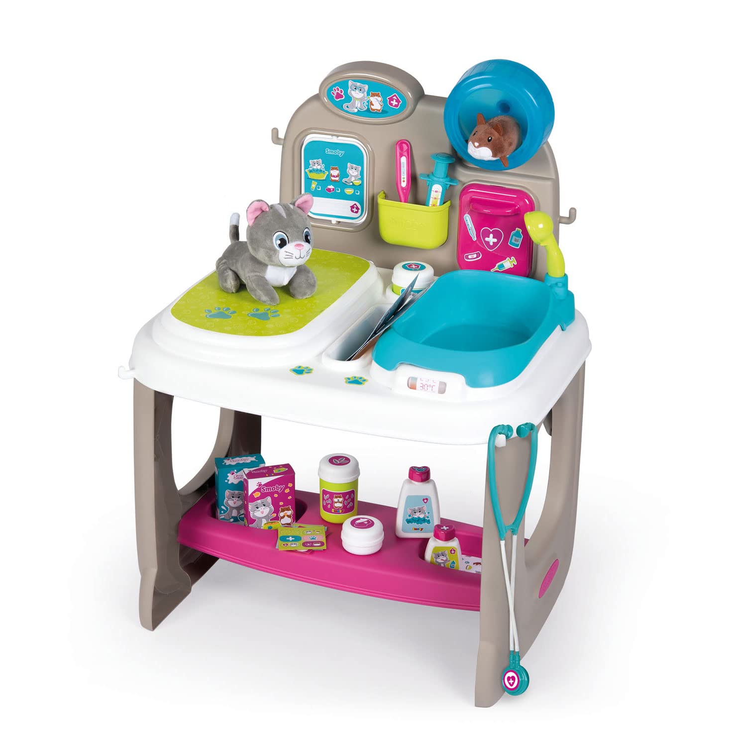 Smoby - Centre Vétérinaire - Clinique Animaux - Jouet pour Enfant - Peluches Chaton + Hamster Incluses - 18 Accessoires Médicaux - 340401