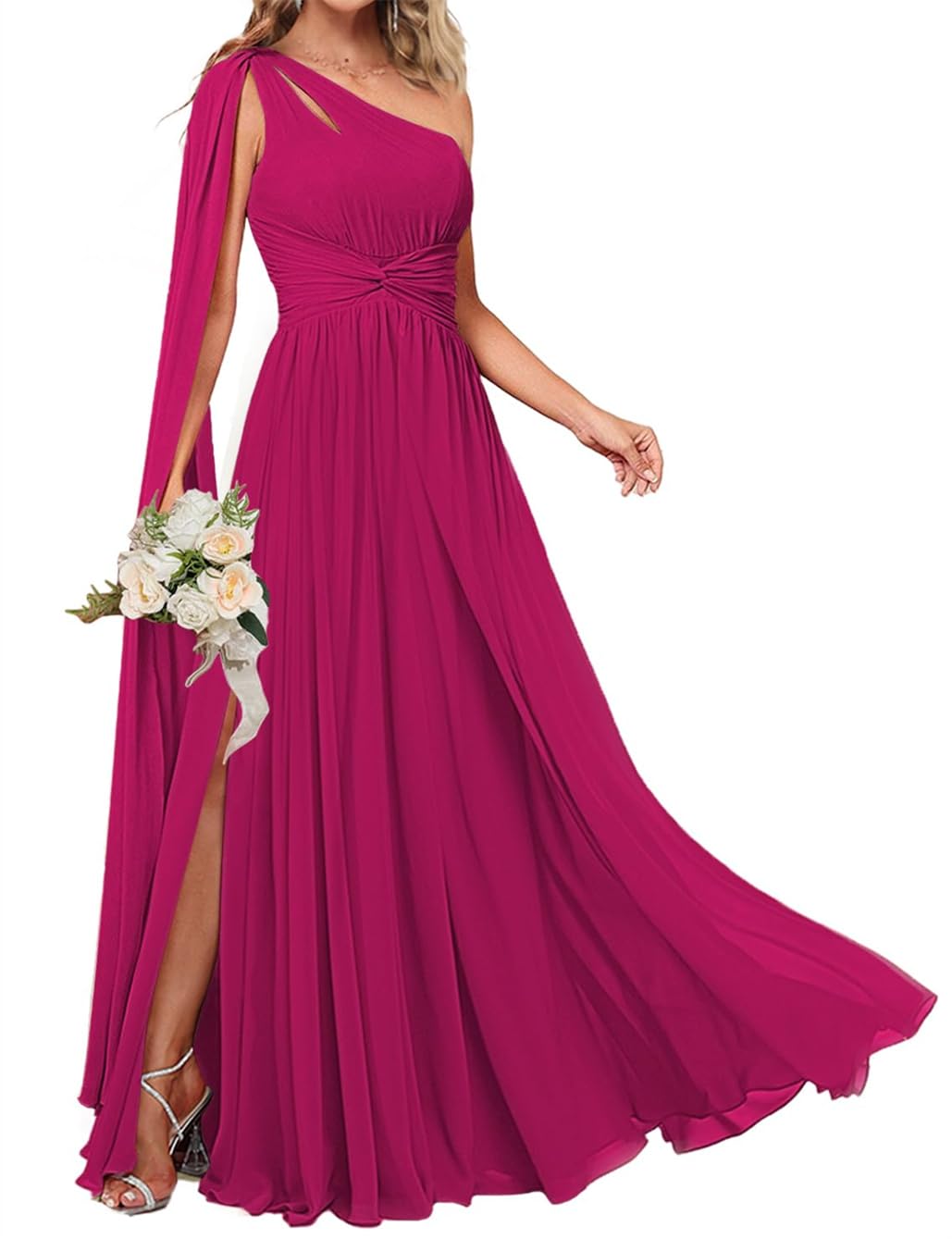 Wseyu Women's Fushia One Shoulder Cut Out Twist Front Bridesmaid Dresses Ruched Chiffon Evening Formal Party Gown With Split Uk18