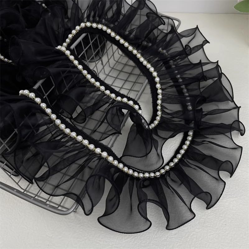 XlyCjkb Lace Trim，Pleated Chiffon Lace Edge Trim ，Beaded Ribbon with Three-Dimensional Ruffle Organza lace DIY Banquet President's Dress Skirt Collar Edge Sewing Accessories, 1 yard, Black