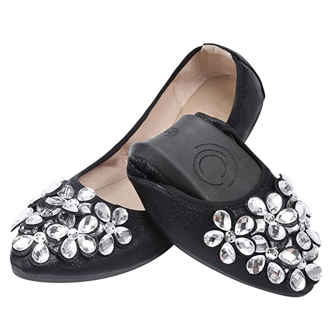 Hwalleum Womens Fold up Pumps Roll up Shoes Foldable Ballet Flats with Rhinestone Flower, Portable Ladies Slip On Loafers