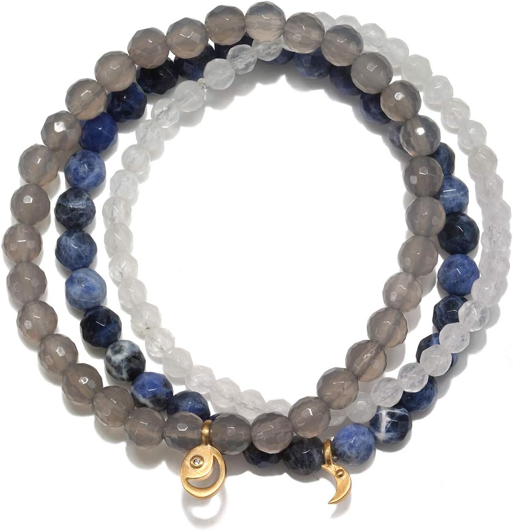 Satya Jewelry Women's Sodalite, Grey Agate, White Jade Gold Moon Stretch Bracelet Set, One Size, Blue