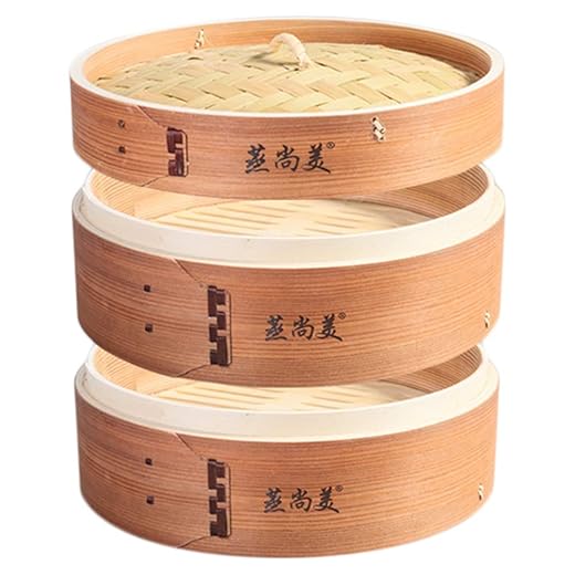 Hcooker 2 Tier Kitchen Wood Steamer Basket for Asian Cooking Buns Dumplings Vegetables Fish Rice