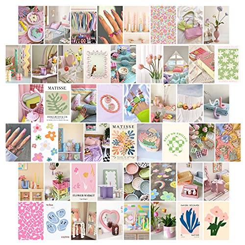 50 piezas rosa kit de collage de arte de pared, imagen estética decoración de habitación indie,...