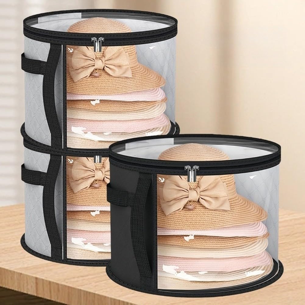 Organizador de sombreros transparente apilable, bolsa de almacenamiento cilíndrica con asa para el hogar (gris)
