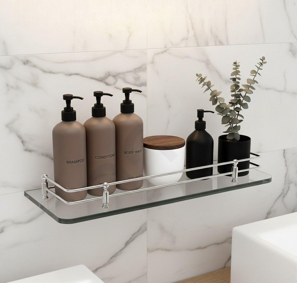 Auraview Single Glass and Stainless Steel Wall Mounted Bathroom Shelf with Smooth Edges, 6x12 Inch, Square-image-44