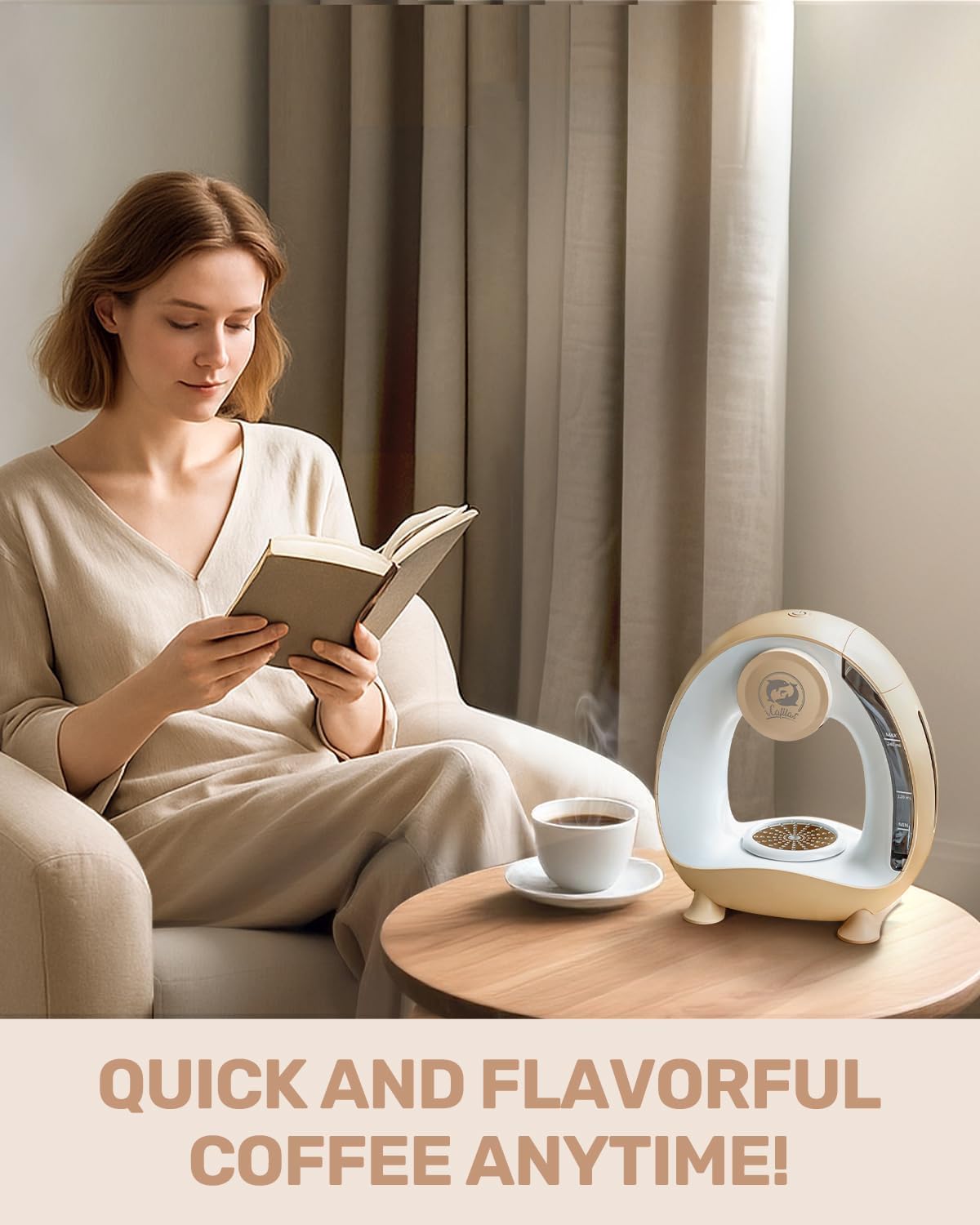 i Cafilas Mini Machine à Café Électrique, Cafetière 2-en-1 pour Café Moulu et Thé, Chauffage Rapide 20 s, Café Prêt en 2 min, Compacte pour Petit Espace, Champagne