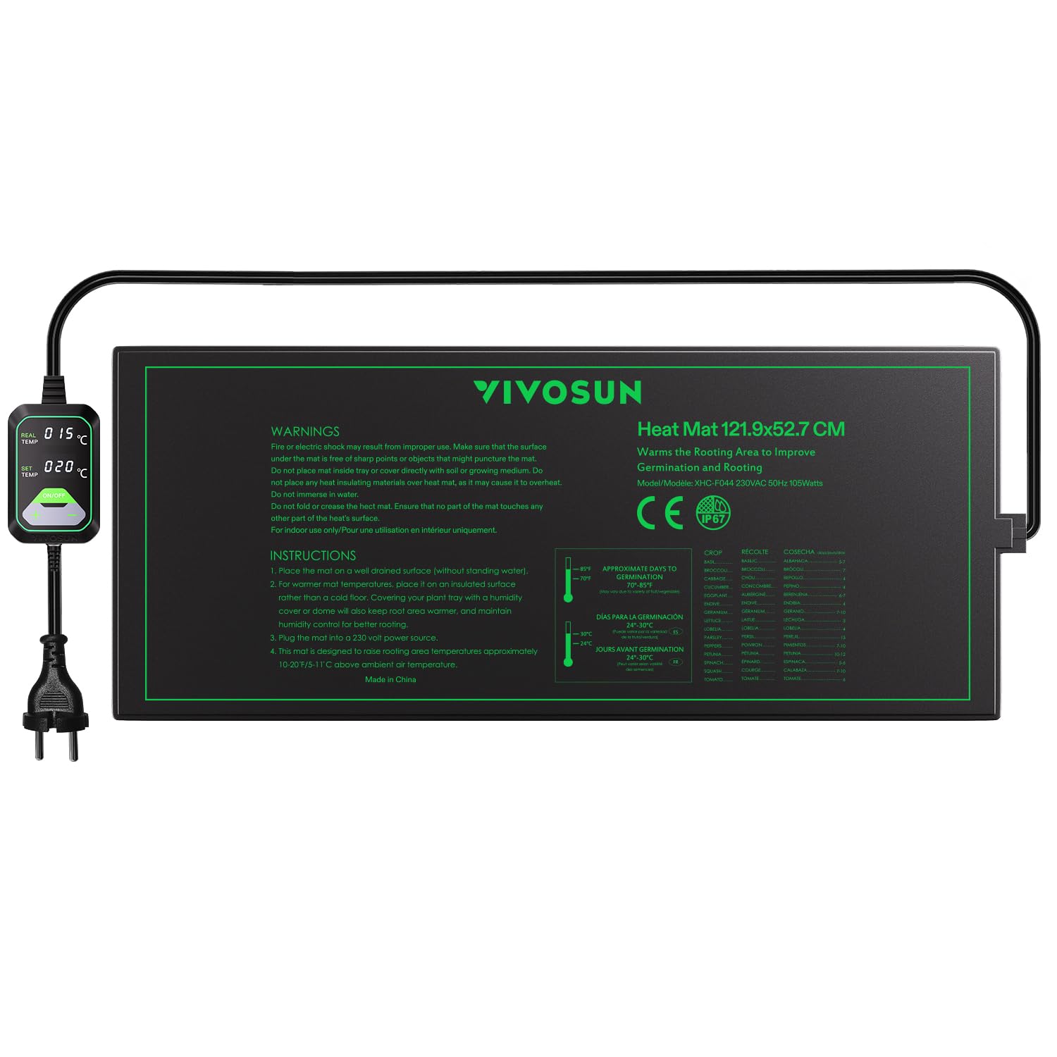 VIVOSUN Heizmatte Pflanzen 121,9x52,7cm mit Temperaturregler, Wasserdichte Pflanzen-Wärmematte UL & MET Zertifiziert, Setzling Heizmatte für Keimung, Hydrokultur, Zucht und Gewächshaus