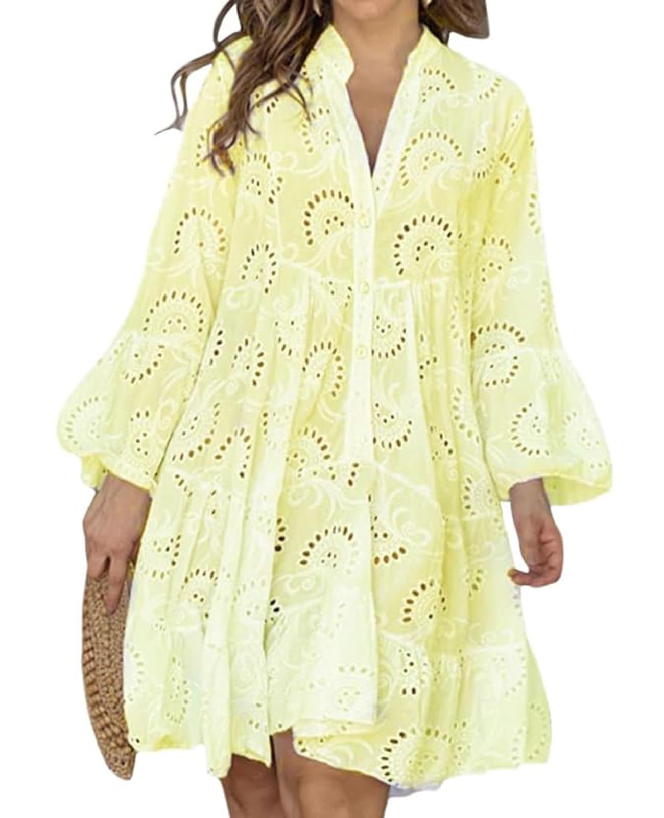 ThCreasa Womens Summer Bell Sleeve Eyelet Midi Dress V Neck Lace Embroidery Hollow Out Flowy Babydoll Dresses