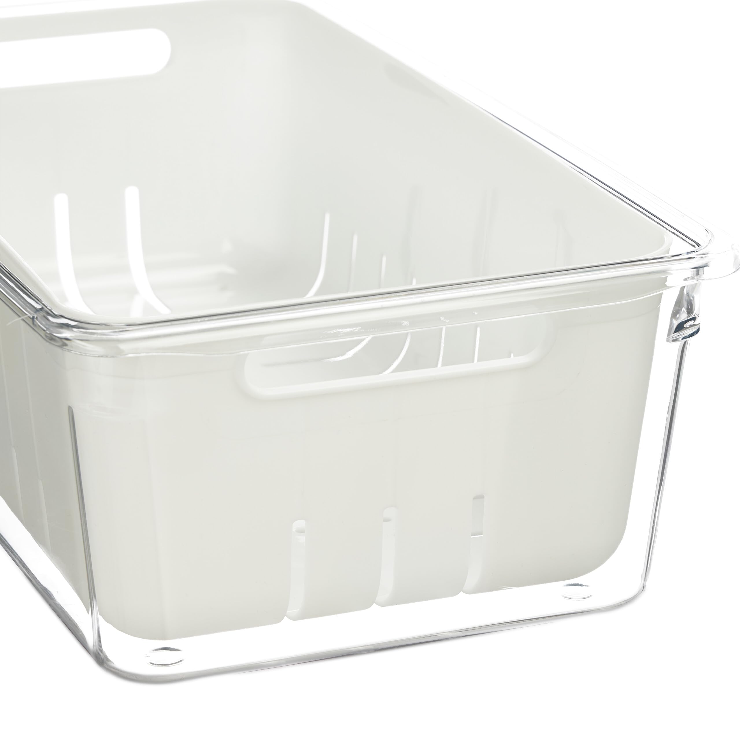 Relaxdays Organizador Nevera, Set 2, Apilable, Cestas Escurridora, Almacenaje Alimentos con Tapa, Transparente/Blanco
