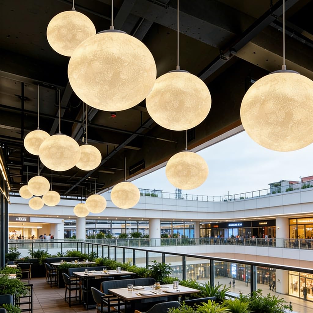 Moderno Luna Colgante Luz E27 Nórdico Dormitorio Resina Fibra Esférica Lámpara Restaurante Tienda Diseño Creativo Bar Billar En Forma De Luna Planeta Lampadario Da Soffitto(25cm)