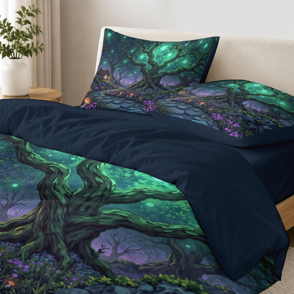 Bettwäsche 155x220cm Hütte Bäume 3 Teilig Wendebettwäsche Set | Märchen Wald Microfaser Deckenbezug, Grün Lila Bettbezug mit Reißverschluss und 2 Kopfkissenbezug 80 x 80 cm