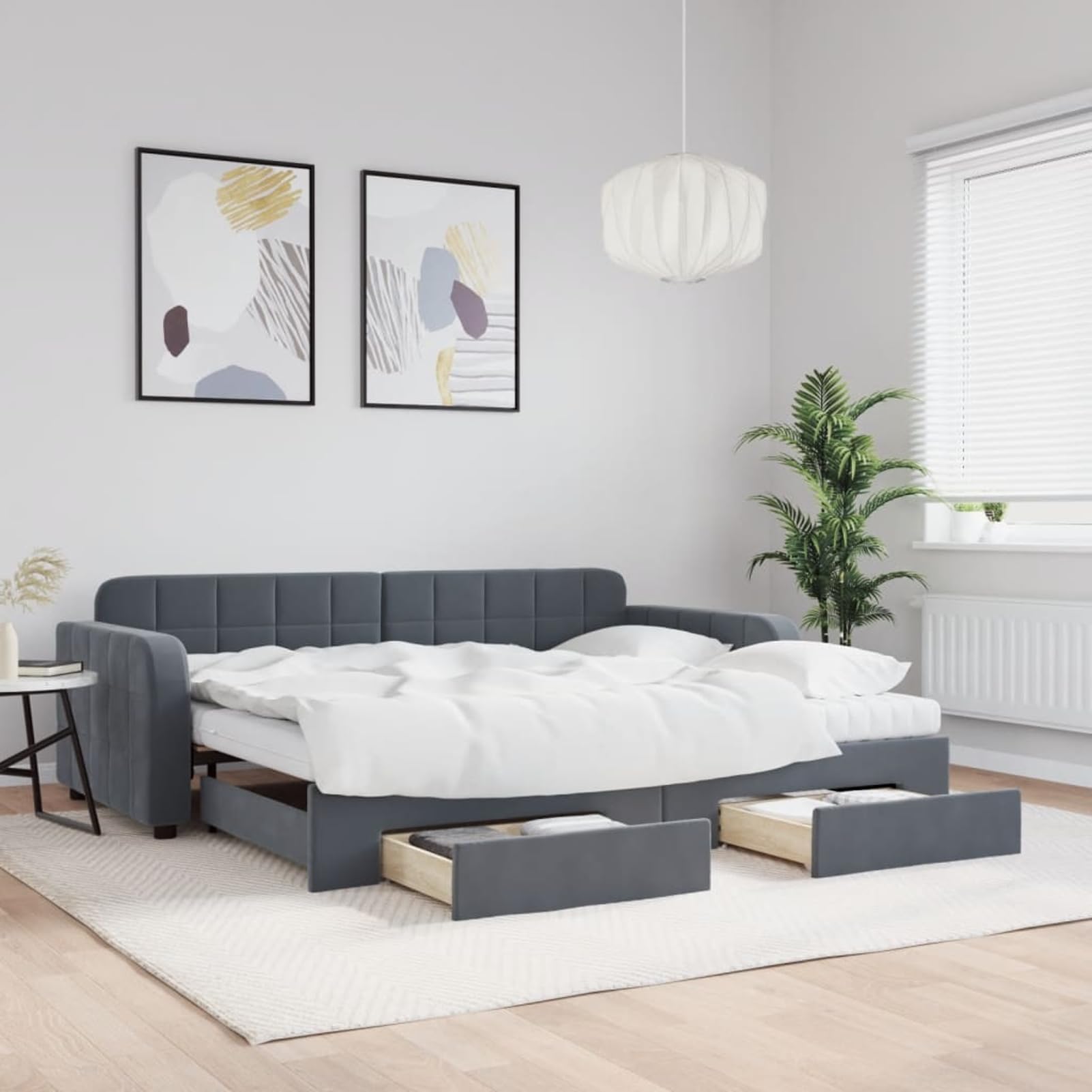 Divano letto pieghevole 2 in 1, grigio scuro, 90 x 190 cm, con 2 materassi in schiuma e 2 cassetti scorrevoli, divano per camera da letto con rivestimento in velluto, struttura in legno e metallo