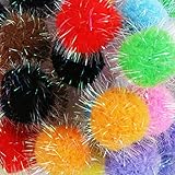 TECH-P 200 Pack 1.6 Inch 40mm with Glitter Pom Pom Balls Sparkle Balls My Cat's All Time Favorite Toy - Assorted Color