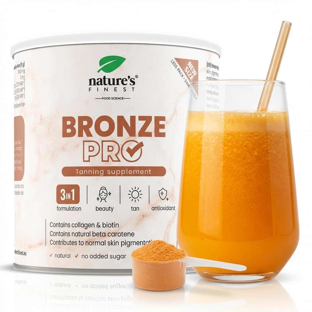 Nature's Finest Bronze PRO, Trinkpulver 125 g | Trinkpulver mit Beta-Carotin, Kollagen, Kupfer, Biotin & Vitamin C - tropischer Geschmack, mit Stevia