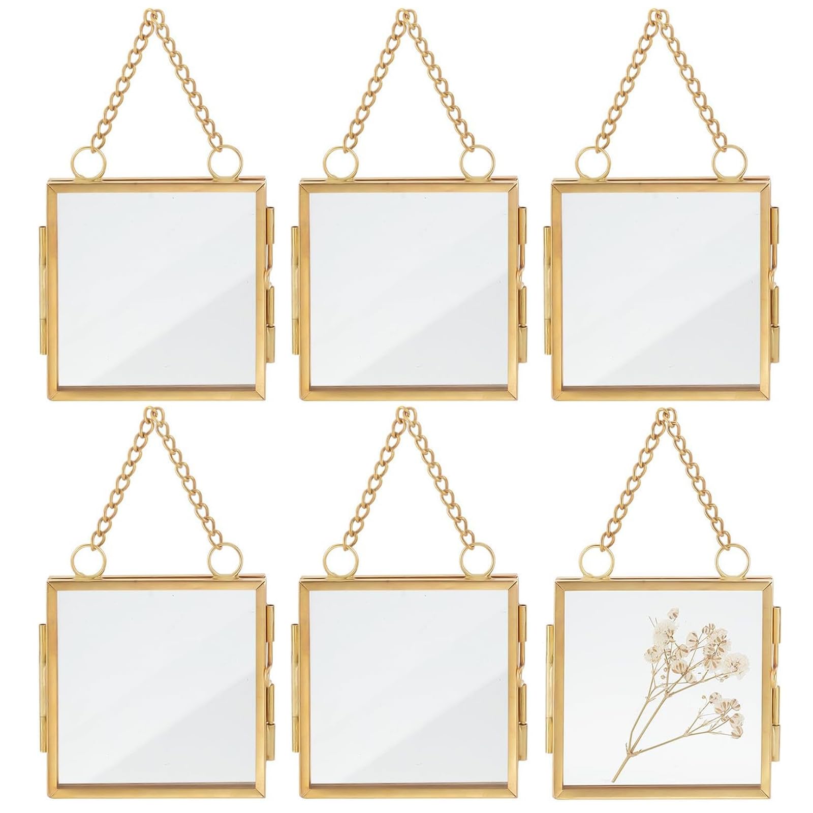 Cadre de fleurs pressées en verre double haut de gamme et finitions dorées avec chaîne