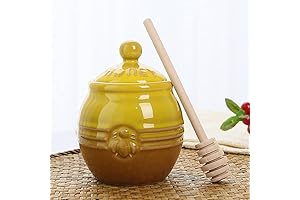 12oz Ceramic Honey Jar with Wooden Dipper Stick-Honey Pot with Dipper, Yellow...