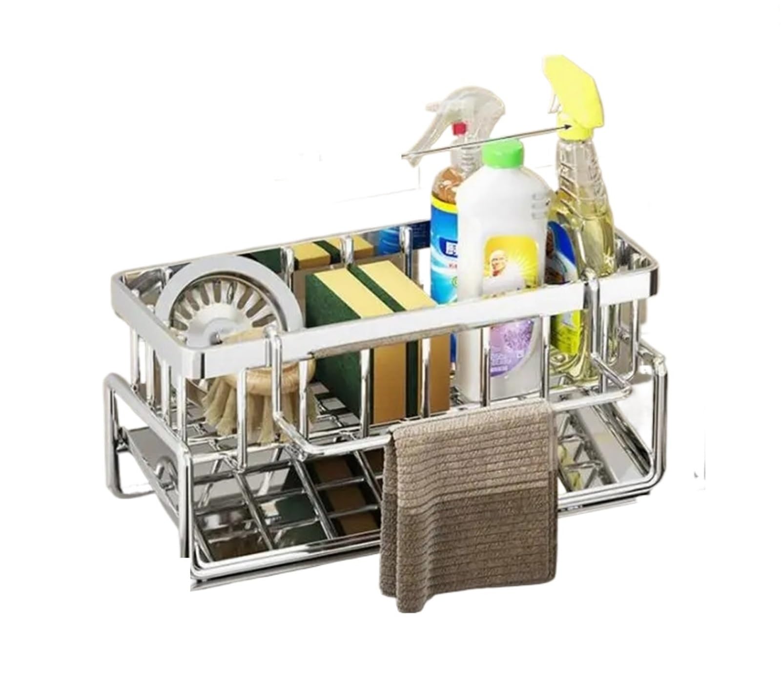 DSFVERVD Drain rack Sink Cleaning Tools Storage Rack Kitchen Multifunctional Stainless Steel Drain for Sponge Cleanser Organizer Rag Hanger(Silver with pole 304)
