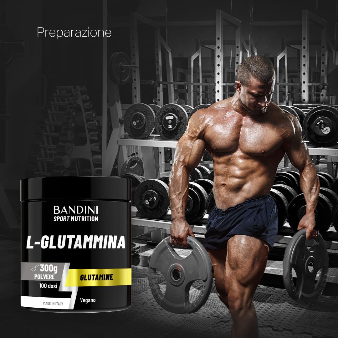 Bandini® L-Glutammina Pura in Polvere, Aminoacido utile per Esercizi Fisici ad Alta Intensità e per la Massa Muscolare, Glutammina 100% Vegan, Glutamine POWDER, Palestra e Sport, Confezione da 300g
