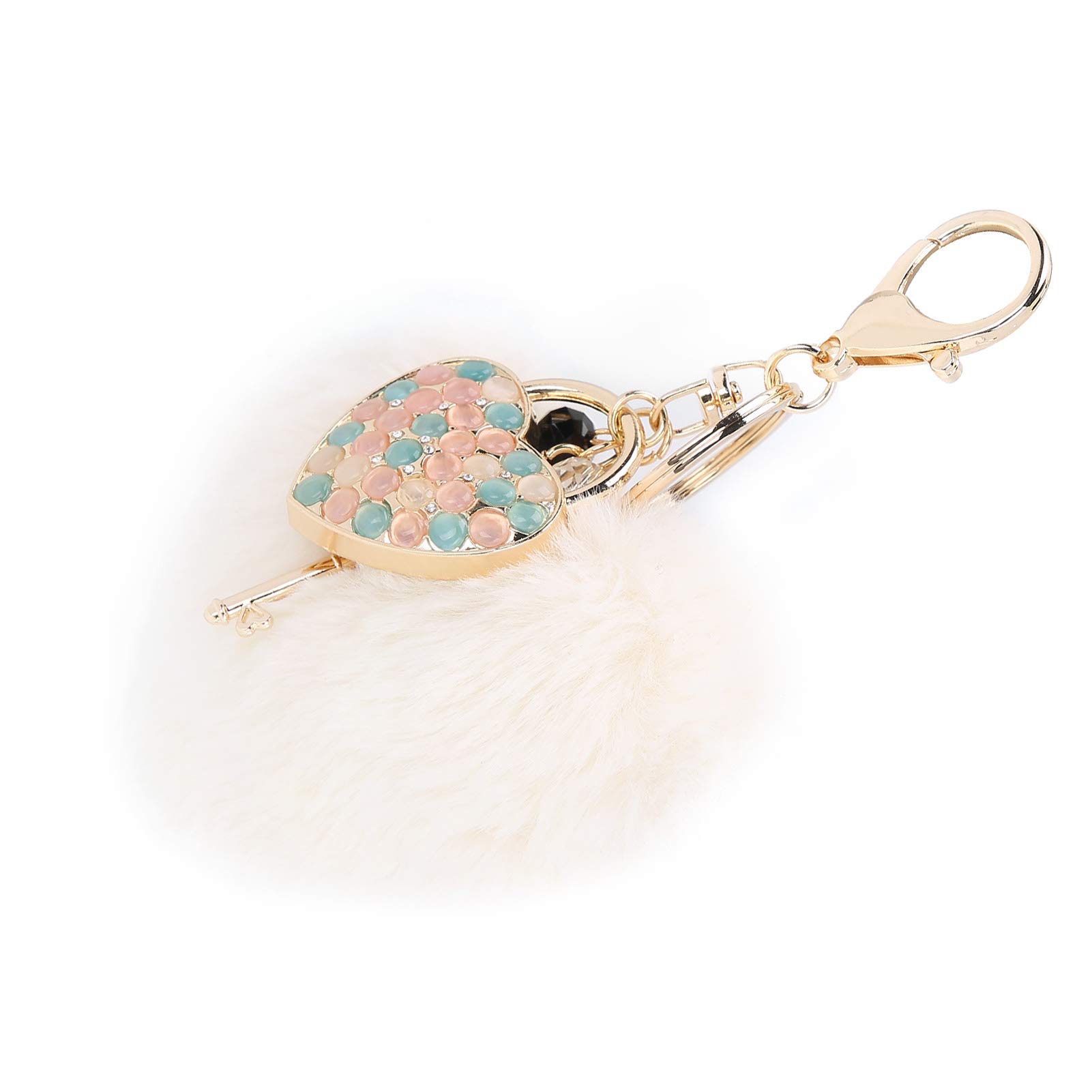 Keychain Pendant, Fluffy Heart Shaped Fluffy Plush Ball Exquisite Soft Cute Durable Keychain, for Friends Women, Girls(White+colorful)