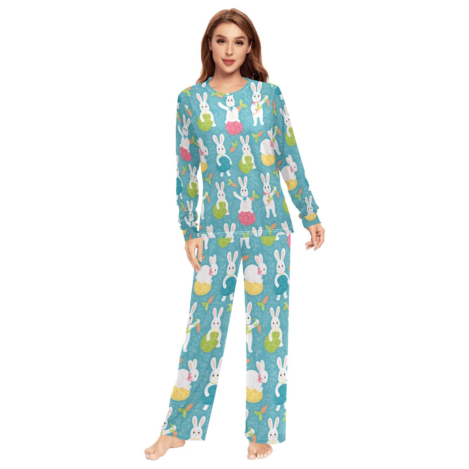 JUNZAN Wielkanocne jajka urocza jagnięca zielona piżama dla kobiet długi rękaw top i dół bielizna nocna zestaw para bielizna nocna, Easter Bunny Eggs Flat Style Teal Blue, S