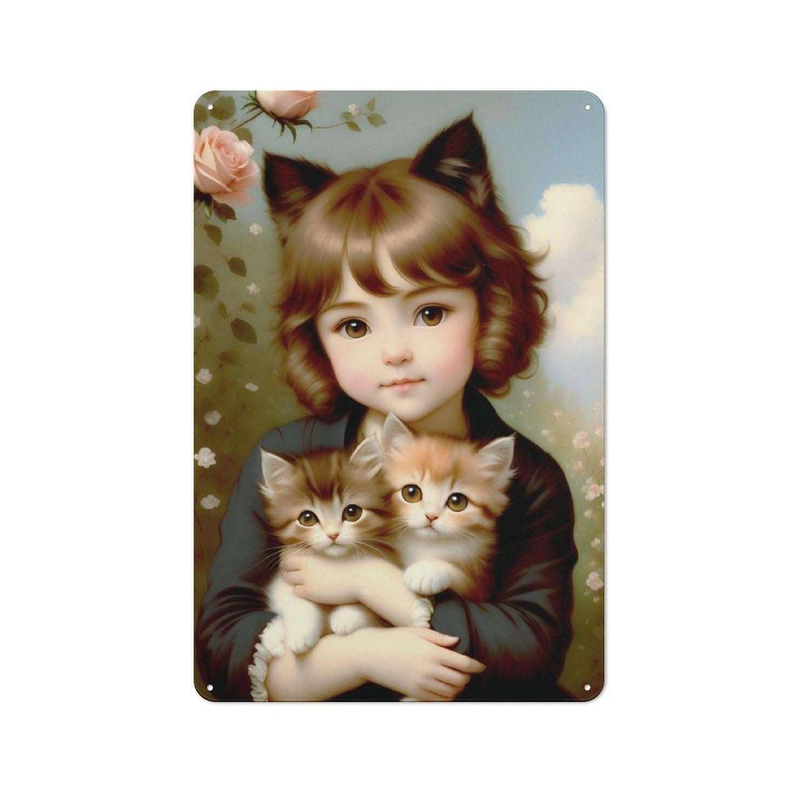 Junmoney Girls Vintage With Kittens Retro Tin Sign 30X20cm For Bar Or Restaurant, For Collectors Of Retro Metal Wall Decor