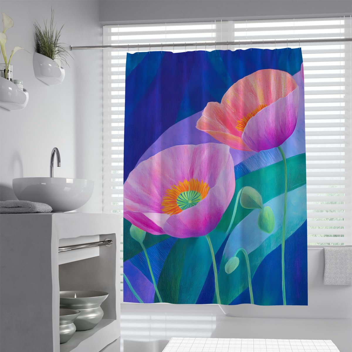 UIRINGART Vibrant Modern Poppy Shower Curtain W180xL220cm Pink Purple Flower Dark Blue Background Waterproof Water Repellent Shower Screen With Hooks