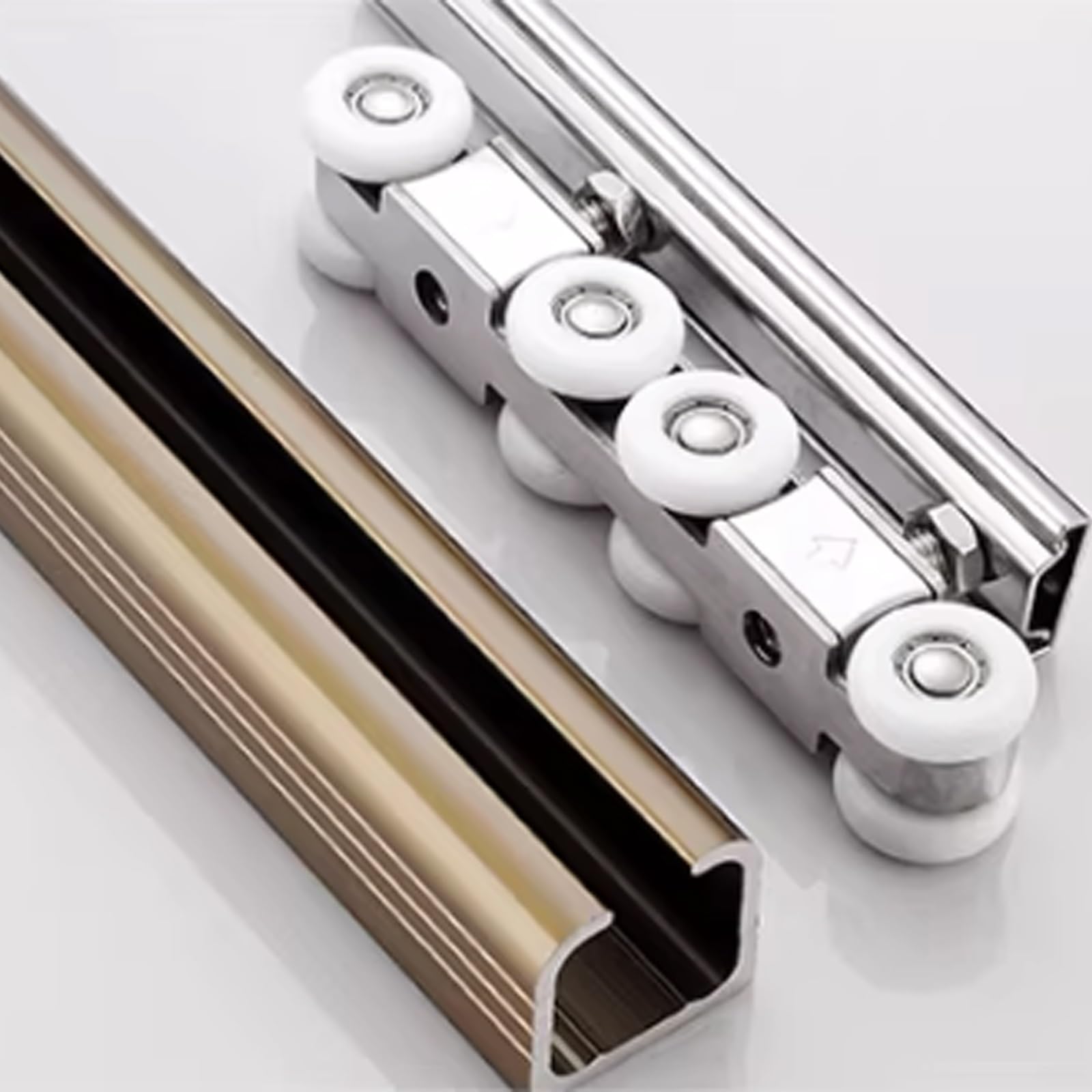 Heavy Duty Sliding Double Barn Door Hardware Track Kit with Hidden Flexible Pocket Door Rail and 8-Wheel Hangers