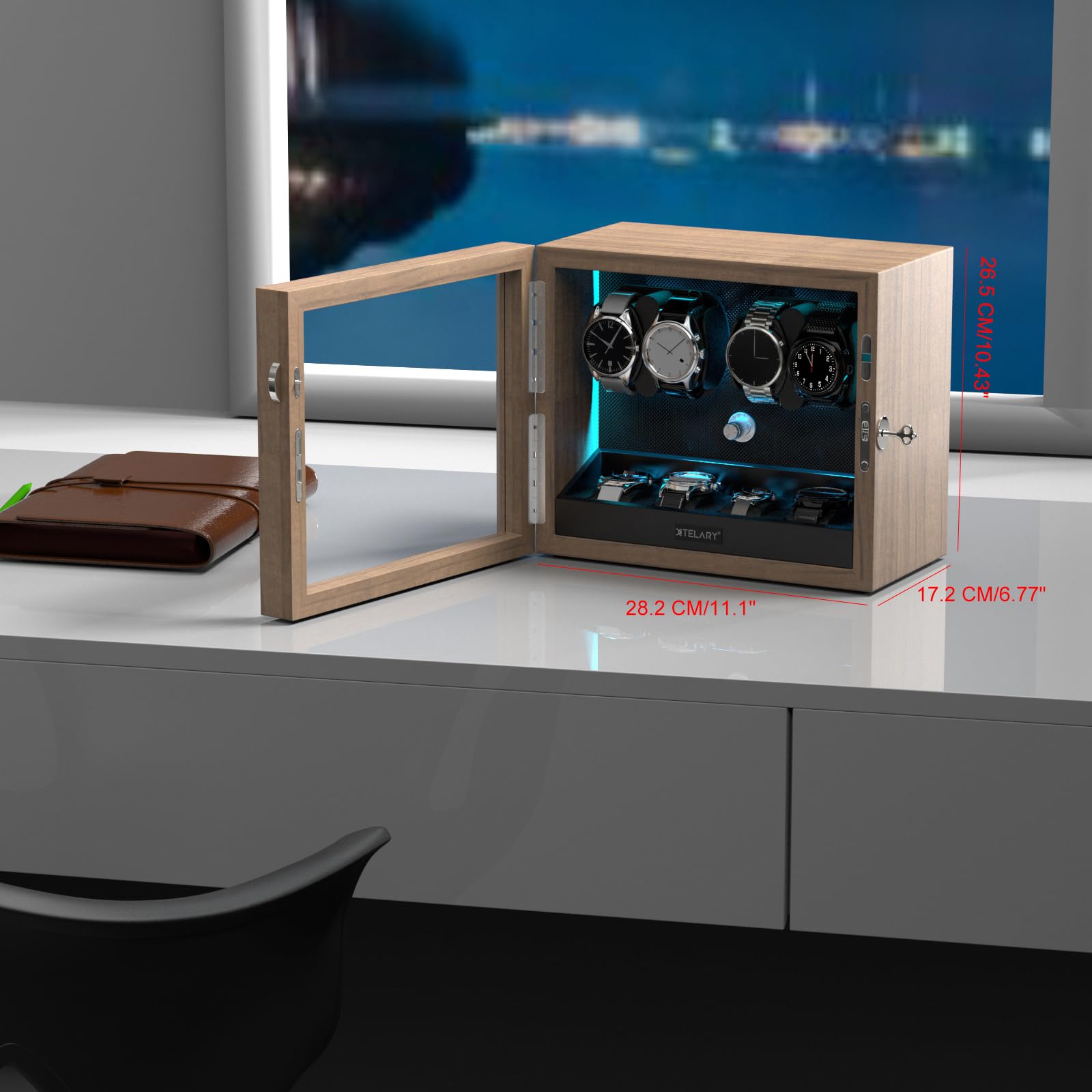 XTELARY Automatyczny Stojak na 4 Zegarki z 4 Dodatkowymi Przegródkami, Pudełko Automatyczne Mechaniczne Classic Watch Winder