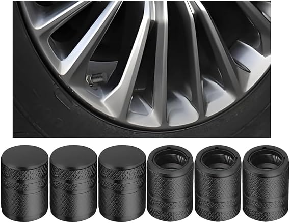 Osilly Car Tire Valve Stem Caps, 6PCS Aluminum Corrosion Resistant Wheel Air Pressure Stem Cover Set with Plastic Liner, Dustproof Auto Tyre Accessories, Universal for Truck, Motorcycle, SUV (Black)