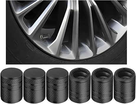 Osilly Car Tire Valve Stem Caps, 6PCS Aluminum Corrosion Resistant Wheel Air Pressure Stem Cover Set with Plastic Liner, Dustproof Auto Tyre Accessories, Universal for Truck, Motorcycle, SUV (Black)