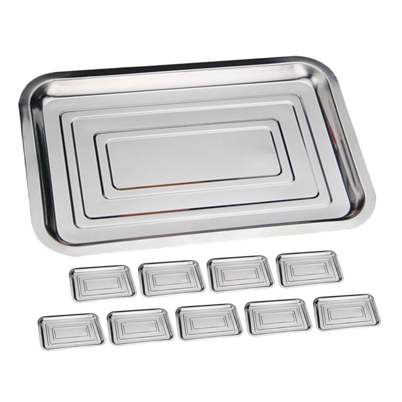 Vassoio in Acciaio Inox 10 Pezzi Argento per Alimenti | Finitura Lucidata, Design Semplice e Pulito, Adatto a Campeggio e Picnic