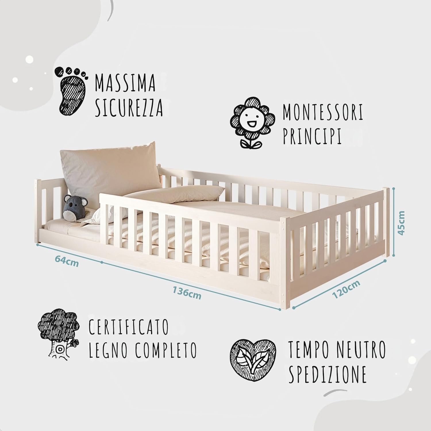 Letto Baldacchino Montessori Con Recinzione - Letto Pavimento Anti Urto