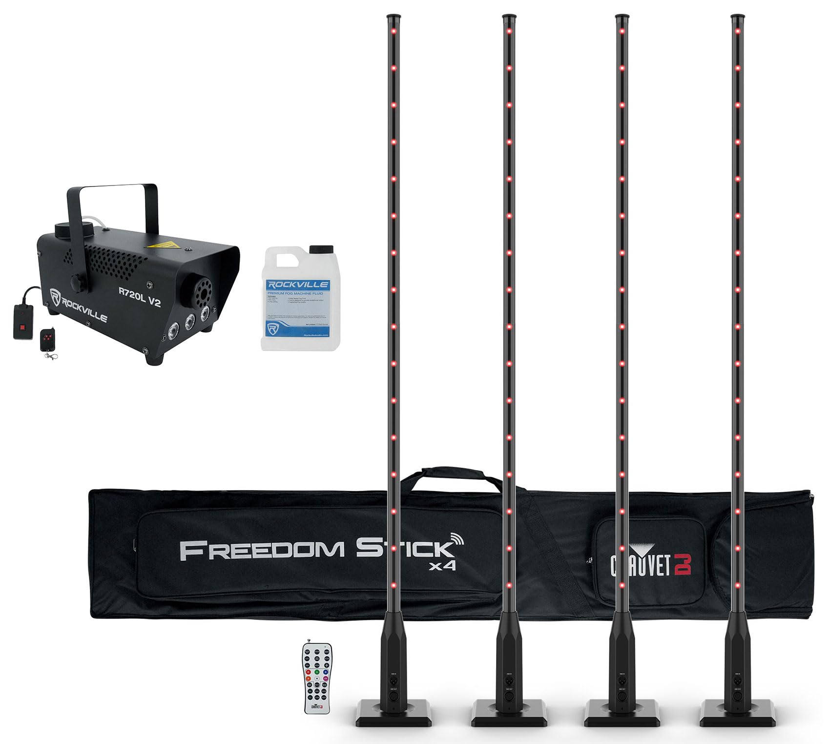Audiosavings Bundle: Chauvet DJ Freedom Stick X4 (4) Wireless Battery RF LED DMX Light Sticks+Remote Bundle with Rockville R720L Fog/Smoke Machine w/Remote+Fluid+Multi Color LED Built in! (2 Items)