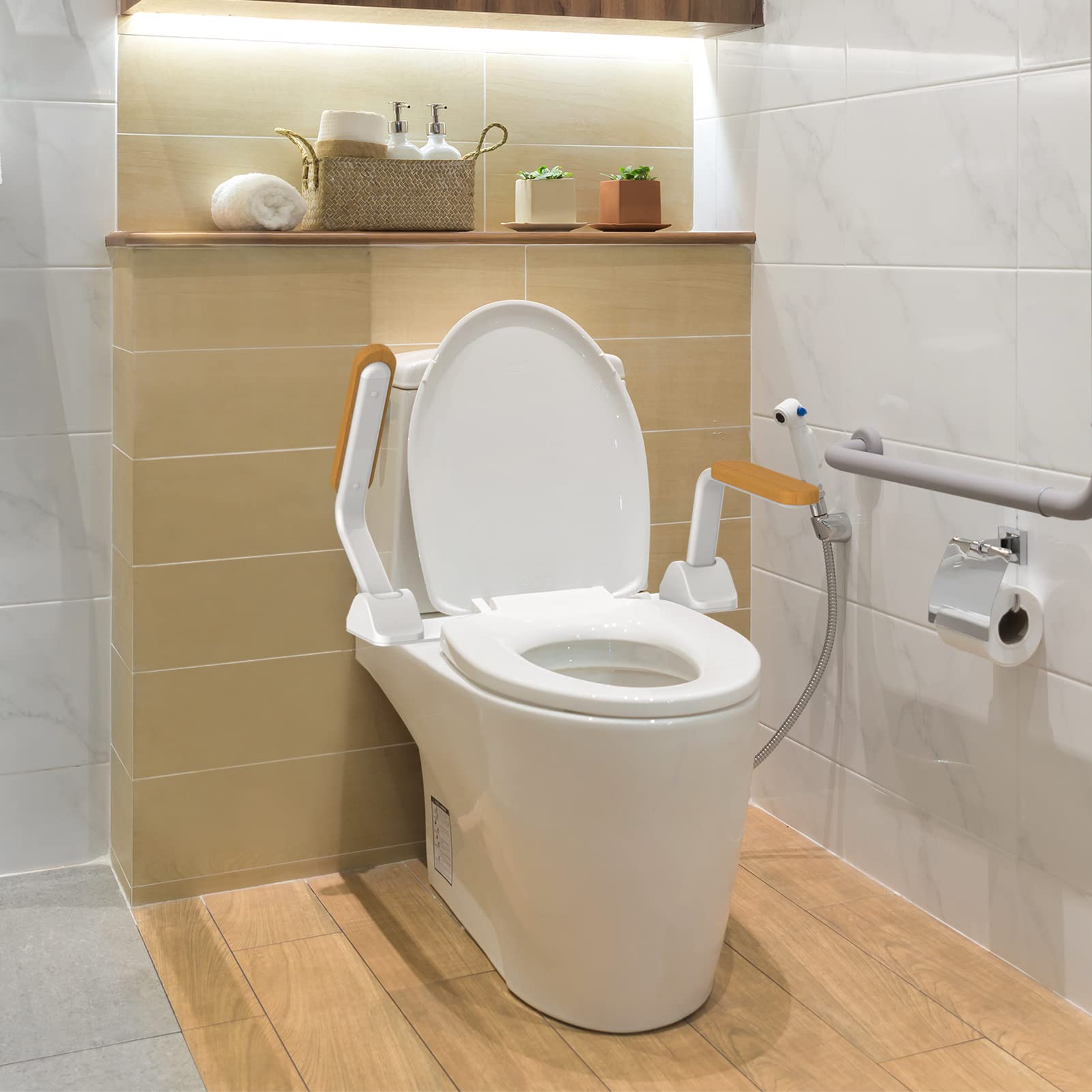 Maniglione WC Pieghevole - Supporto Sicurezza Fisso con Braccioli per Anziani & Disabili, Montaggio Istantaneo Senza Regolazione(Legno)