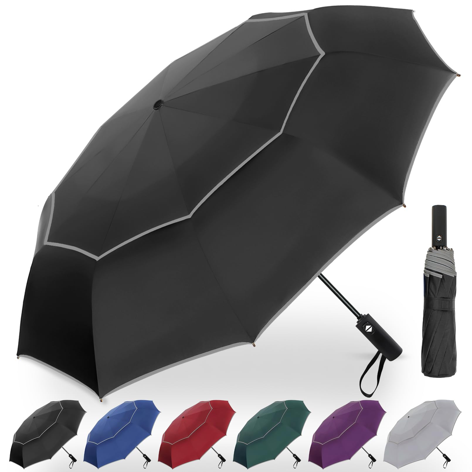 Satol Automatik Golfschirm – Winddicht mit Doppeldach & 10 Aluminiumstreben – XXL Taschenschirm (Ø 137–157 cm) mit Reflektorstreifen – Für Regen & Sonne