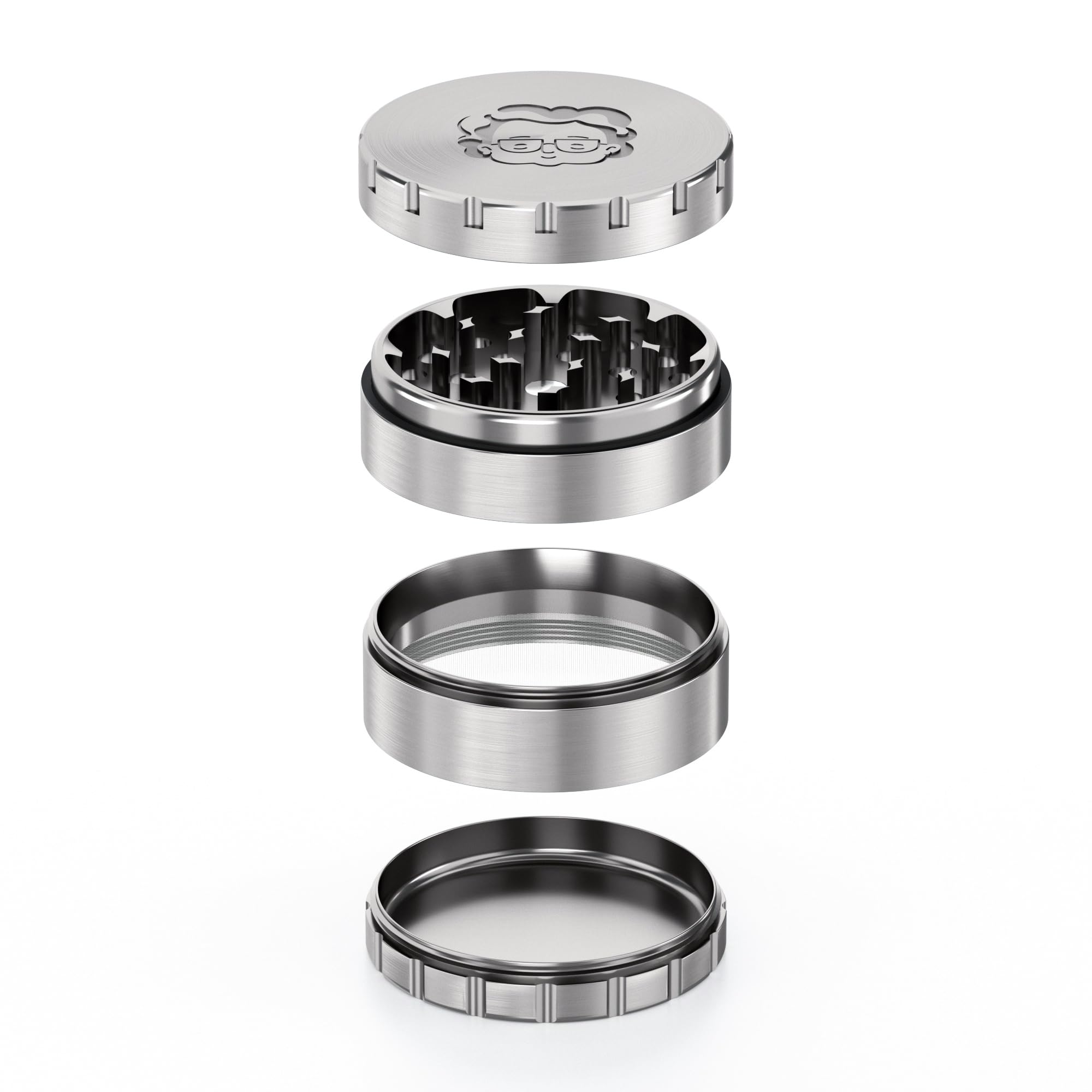 Granny's® Edelstahl Grinder in ⌀ 63 mm | 4-teilig | Kräutermühle Groß & Höchste Verarbeitungsqualität | Stainless Steel | High-End