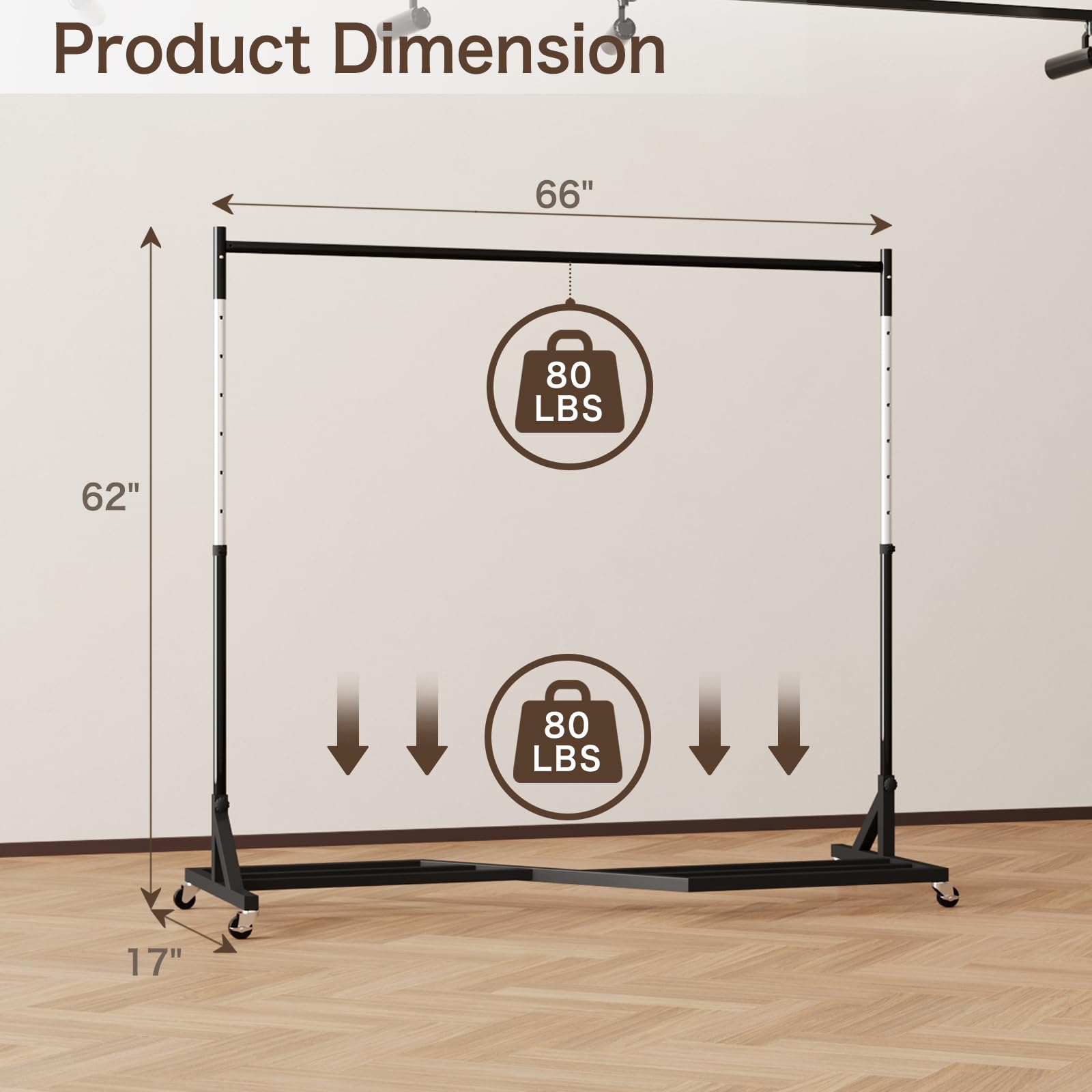 Garment Rack with Wheels, Heavy-Duty Adjustable Coat Rack with Bottom Shelf, Durable Metal Clothing Rack, Height Adjustable, with Lockable Casters, for Home, Office, and Retail Display, Black