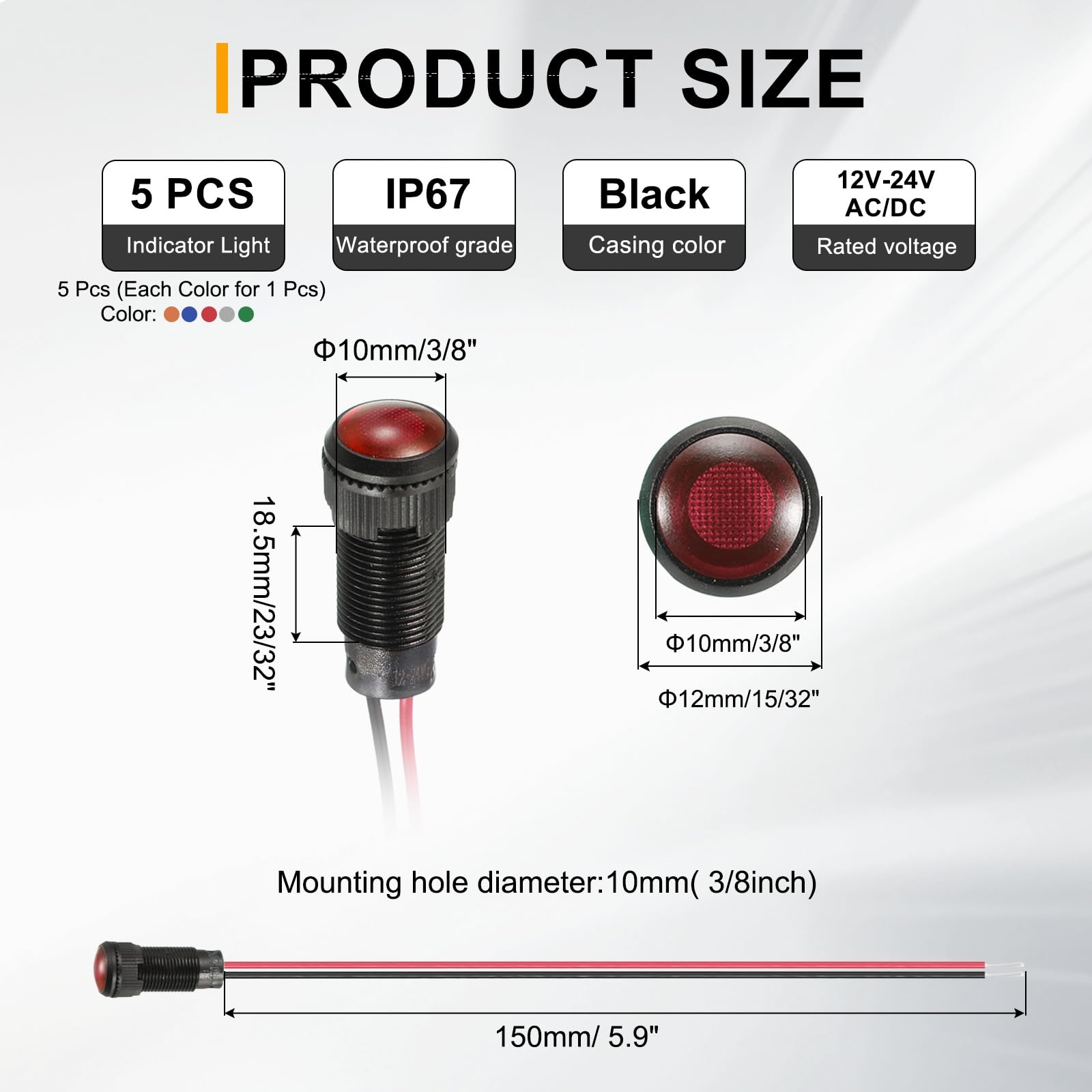 PATIKIL 5Pz 10mm(3/8") Spia Indicatrice, 12V-24V AC/DC LED Guscio Plastica Lampada Segnale Impermeabile IP67 Testa Rotonda Luci Segnale Con Cavo 150mm(5.9") Per Barca Auto, 5 Colori