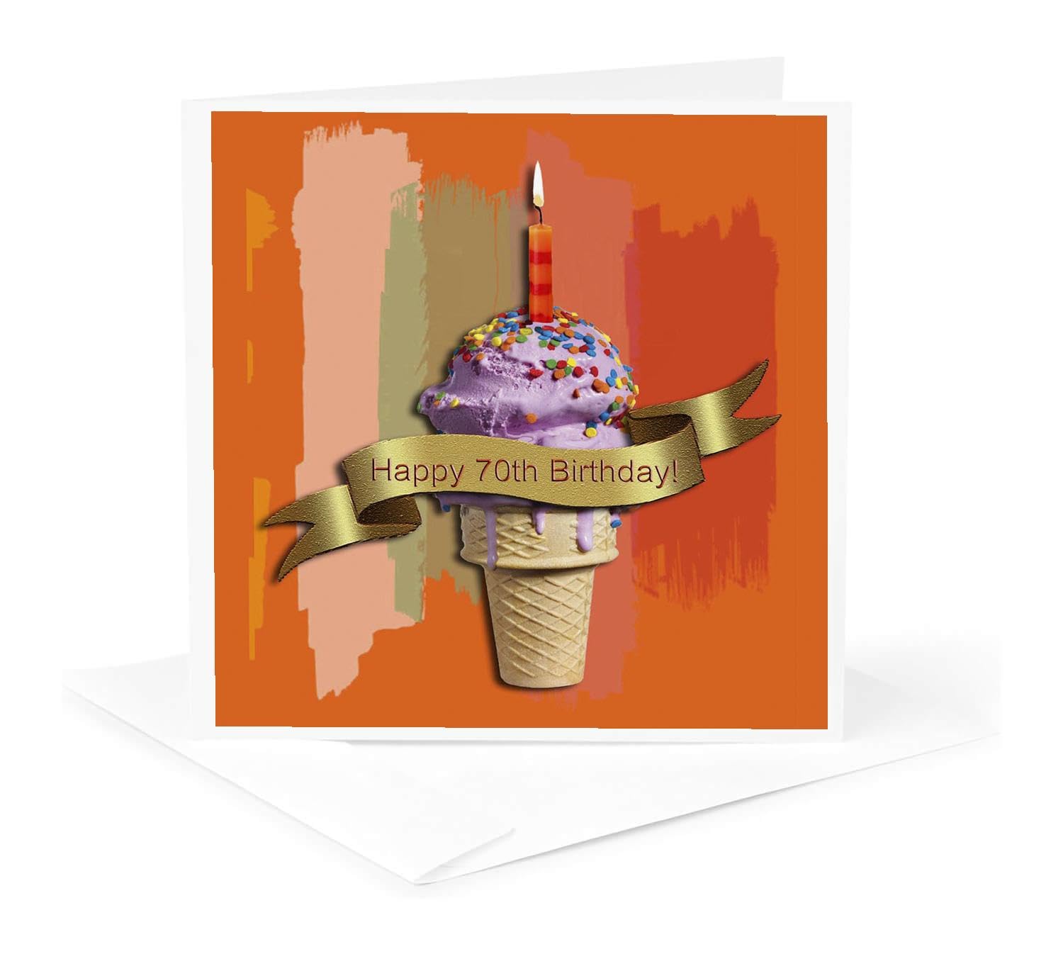 3dRose Greeting Card - Happy 70th Birthday, Strawberry Ice Cream Cone on Abstract, Orange - Birthday Design