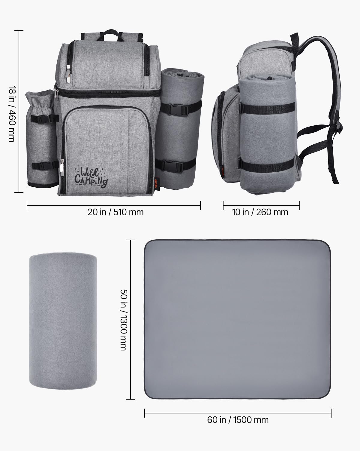 VEVOR Sac à Dos Isotherme pour 4 Personnes, Sac à Dos de Pique-Nique Randonnée Camping, avec Compartiment Isotherme, Porte-Bouteille Amovible, Couverture Légère et Kit Assiettes et Couverts, Gris
