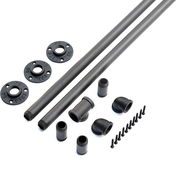 DIYHD 10FT Stair Black Pipe Handrail with 3 Wall Mount Supports,Rustic Black,Round Corner Style