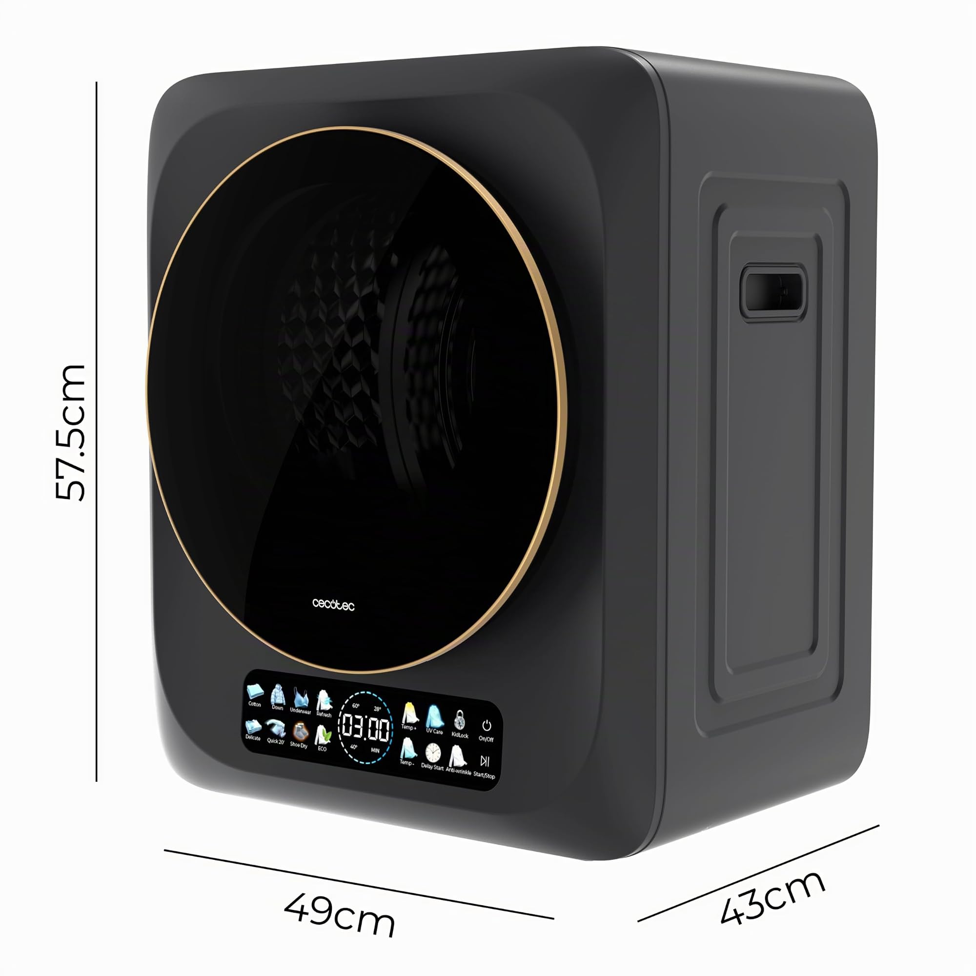Cecotec Sèche-linge Compact à Évacuation 3 kg Bolero DressCode Dry 3400V Dark, 8 programmes, Classe G, Séchage Auto Intelligent, Écran FullColor, Fonction UV Care, Dry Shoe Pro et Delay Start, Foncé