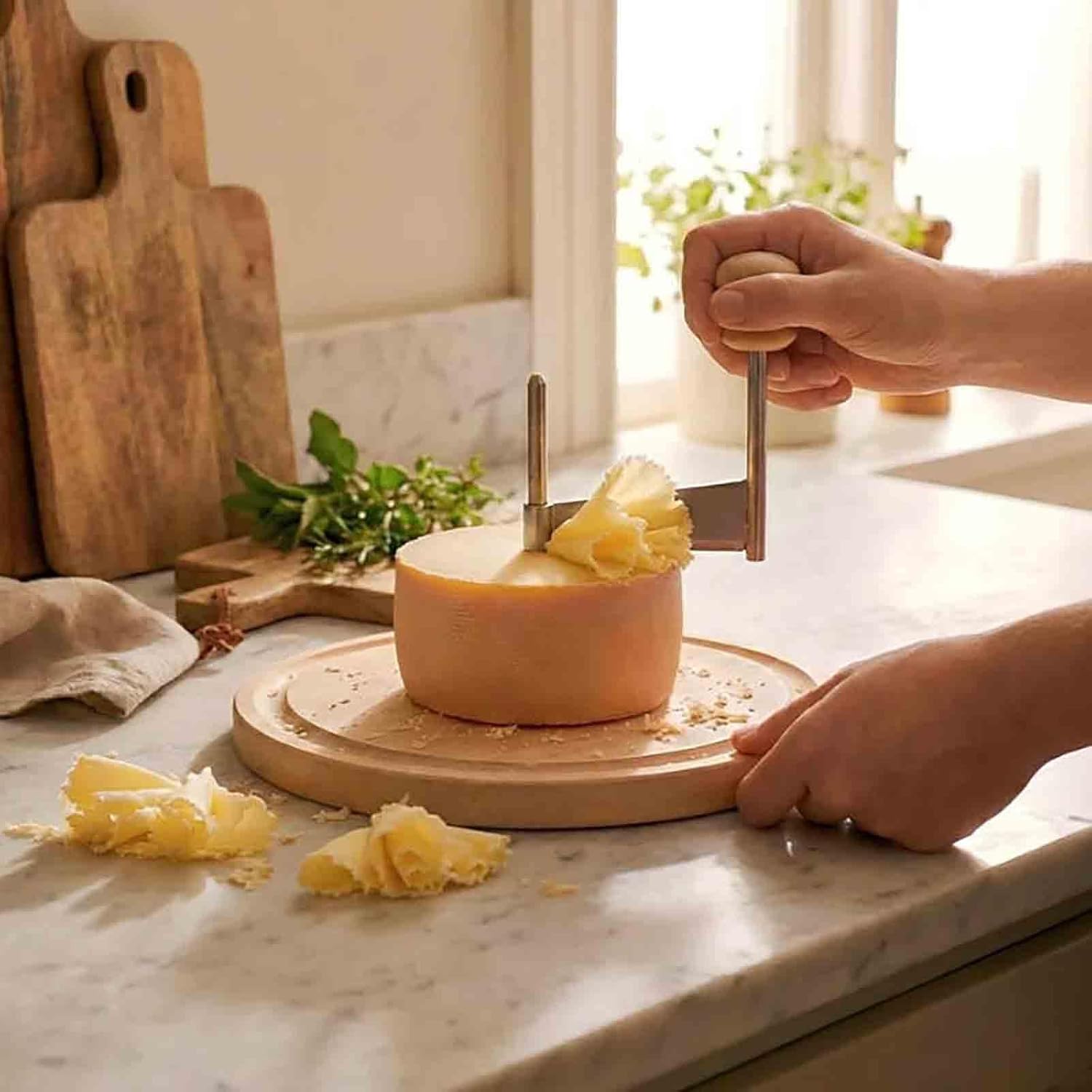 Girolle Cheese Shaver for Tête de Moine & Chocolate, Cheese Flower Slicer with Wooden Base, Stainless Steel Cheese Curler Wheel with Lid, Corer Tool & Tweezers for Charcuterie & Desserts (A(with lid))