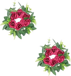 2Pcs Candle Rings Artificial Wreath, Artificial Rose Camellia Lemon Lily Autumn Table Center Decoration, Mini Christmas Wreath for Cabinet Table Home Decor(Little Rose Rose Red)